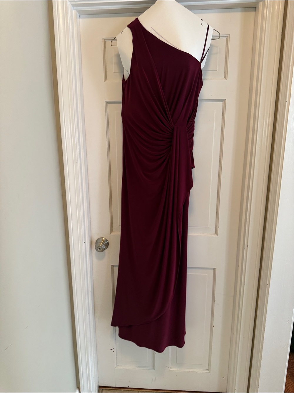 Adrianna Papell One-Shoulder Draped Gown in Burgundy
